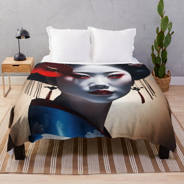 Item preview, Beautiful Japanese geisha in blue silk kimono, traditional red eye make up,cherry blossom, sakura, hanami designed and sold by Coolparrotgirl.