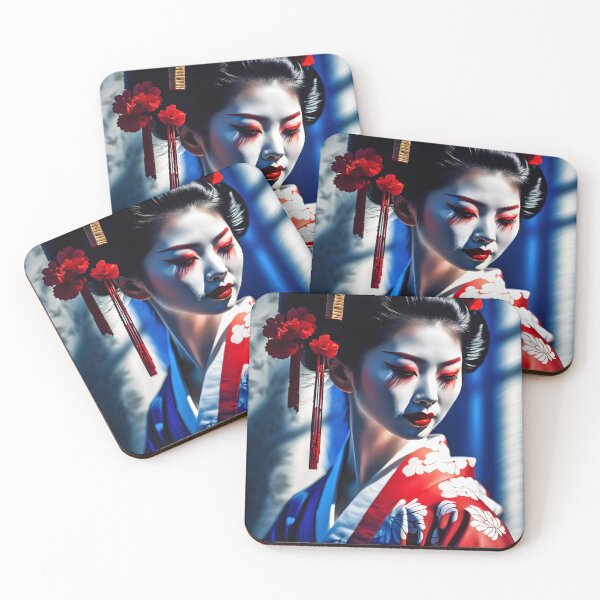 Item preview, Beautiful Japanese geisha in blue silk  kimono, traditional red eye make up,cherry blossom, sakura, hanami designed and sold by Coolparrotgirl.