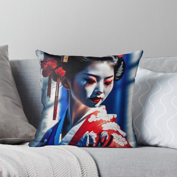 Item preview, Beautiful Japanese geisha in blue silk  kimono, traditional red eye make up,cherry blossom, sakura, hanami designed and sold by Coolparrotgirl.