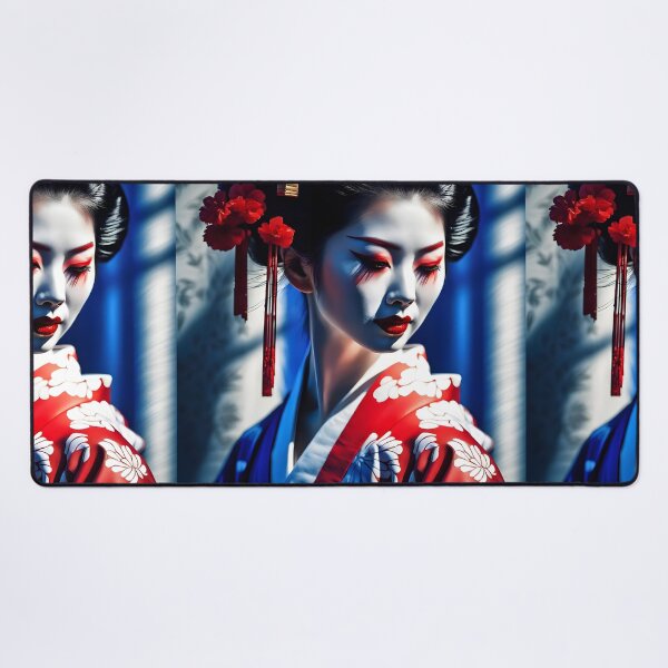 Item preview, Beautiful Japanese geisha in blue silk kimono, traditional red eye make up,cherry blossom, sakura, hanami designed and sold by Coolparrotgirl.