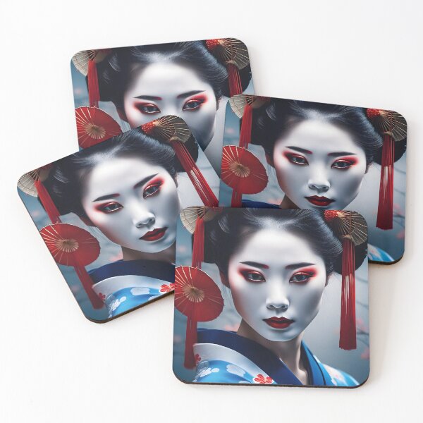 Item preview, Beautiful Japanese geisha in blue silk  kimono, traditional red eye make up,cherry blossom, sakura, hanami designed and sold by Coolparrotgirl.