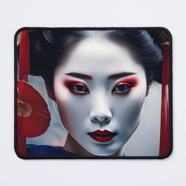 Item preview, Beautiful Japanese geisha in blue silk kimono, traditional red eye make up,cherry blossom, sakura, hanami designed and sold by Coolparrotgirl.