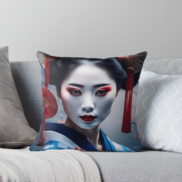 Item preview, Beautiful Japanese geisha in blue silk  kimono, traditional red eye make up,cherry blossom, sakura, hanami designed and sold by Coolparrotgirl.