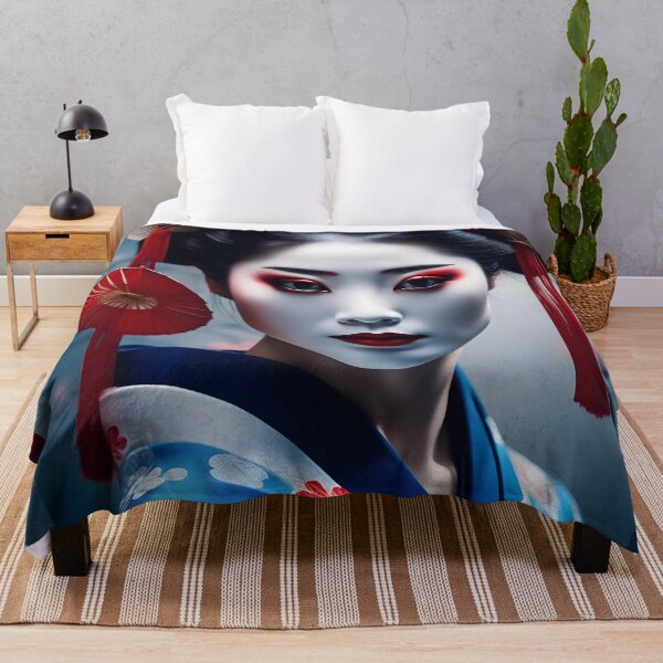 Item preview, Beautiful Japanese geisha in blue silk kimono, traditional red eye make up,cherry blossom, sakura, hanami designed and sold by Coolparrotgirl.