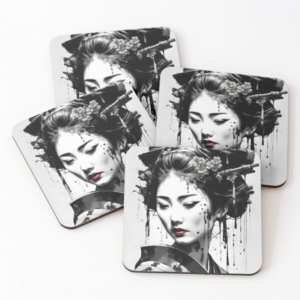 Item preview,  Beautiful Japanese geisha in black and white, red lips,  kimono, traditional red eye make up,cherry blossom, sakura, hanami designed and sold by Coolparrotgirl.