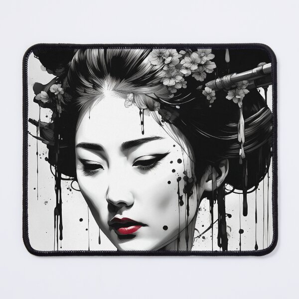 Item preview, Beautiful Japanese geisha in black and white, red lips, kimono, traditional red eye make up,cherry blossom, sakura, hanami designed and sold by Coolparrotgirl.