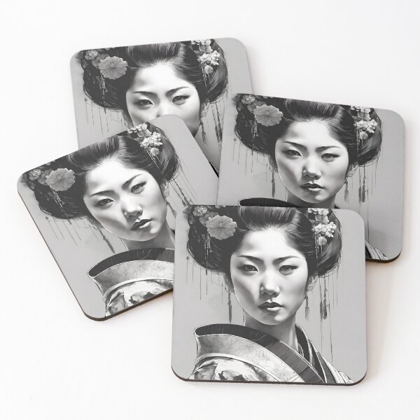 Item preview,  Beautiful Japanese geisha in black and white, red lips,  kimono, traditional red eye make up,cherry blossom, sakura, hanami designed and sold by Coolparrotgirl.