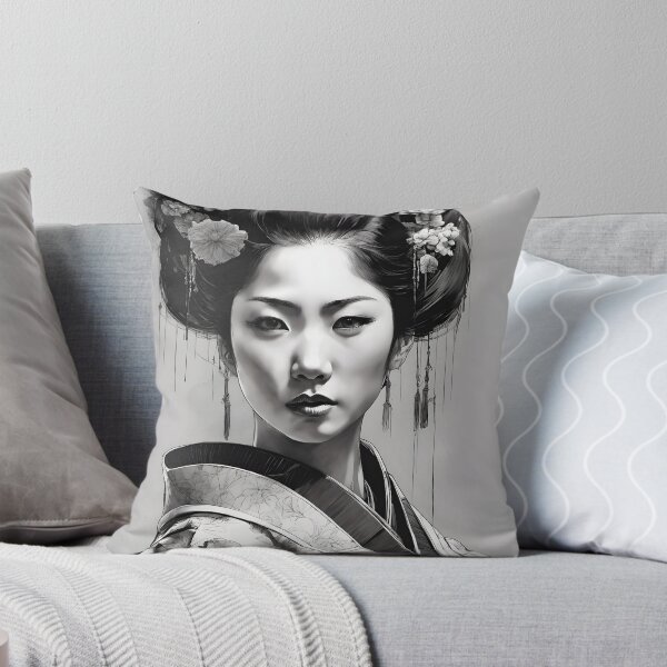 Item preview,  Beautiful Japanese geisha in black and white, red lips,  kimono, traditional red eye make up,cherry blossom, sakura, hanami designed and sold by Coolparrotgirl.