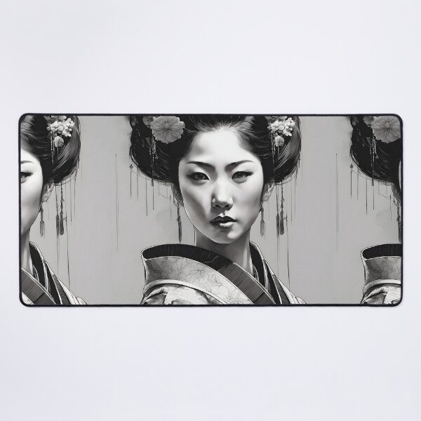 Item preview, Beautiful Japanese geisha in black and white, red lips, kimono, traditional red eye make up,cherry blossom, sakura, hanami designed and sold by Coolparrotgirl.