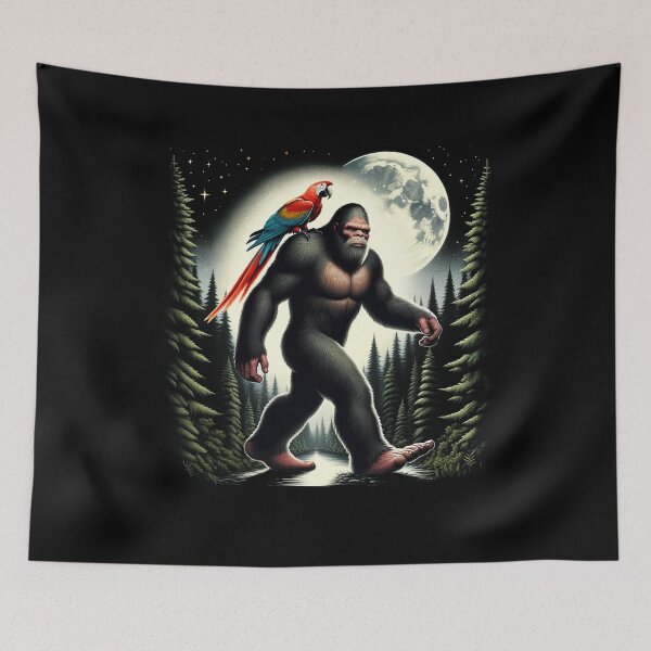 Item preview, Bigfoot Sasquatch Scarlet Macaw Parrot Owner Lover Full Moon designed and sold by Kimberley King Art  King Art.