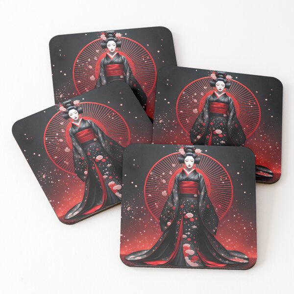 Item preview, Beautiful Japanese geisha in black and red, red lips,  kimono, traditional red eye make up,cherry blossom, sakura, hanami designed and sold by Coolparrotgirl.