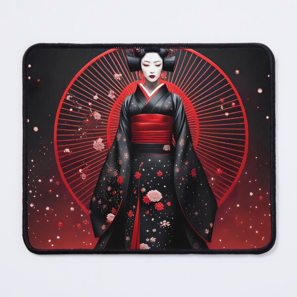 Item preview, Beautiful Japanese geisha in black and red, red lips, kimono, traditional red eye make up,cherry blossom, sakura, hanami designed and sold by Coolparrotgirl.