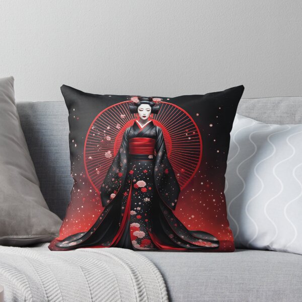 Item preview, Beautiful Japanese geisha in black and red, red lips,  kimono, traditional red eye make up,cherry blossom, sakura, hanami designed and sold by Coolparrotgirl.