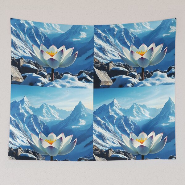 Item preview, Blooming snow lotus on mointain top among rocks and snowy alpine backdrop bright blue sky digitalart designed and sold by EmeraldeaArt.