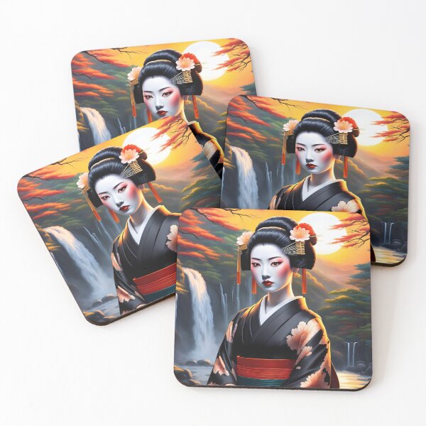 Item preview, Beautiful Japanese geisha in black and red, red lips,  kimono, traditional red eye make up,cherry blossom, sakura, hanami designed and sold by Coolparrotgirl.