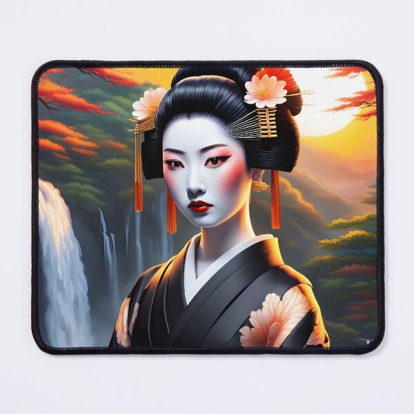Item preview, Beautiful Japanese geisha in black and red, red lips, kimono, traditional red eye make up,cherry blossom, sakura, hanami designed and sold by Coolparrotgirl.