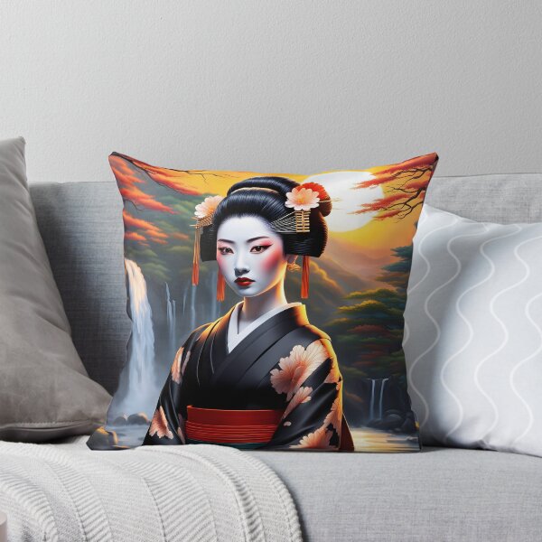 Item preview, Beautiful Japanese geisha in black and red, red lips,  kimono, traditional red eye make up,cherry blossom, sakura, hanami designed and sold by Coolparrotgirl.