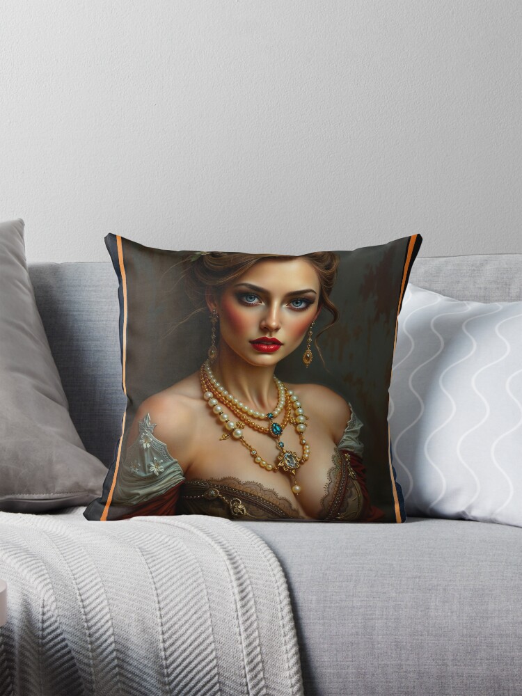 Portrait Of The Elegant Isabella Adriana Wearing Luxurious Jewelry Captivating AI Concept Art by Xzendor7 Decorative Art Print Throw Pillow