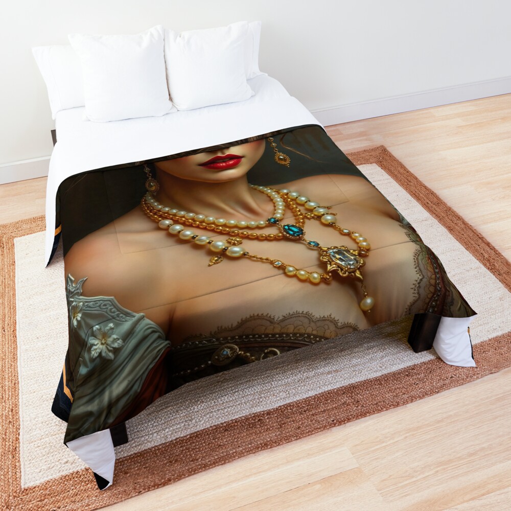 Portrait Of The Elegant Isabella Adriana Wearing Luxurious Jewelry Captivating AI Concept Art by Xzendor7 Decorative Art Print Comforter