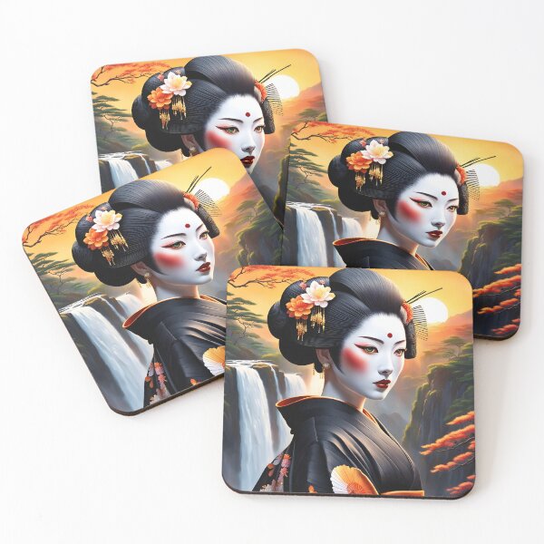 Item preview, Beautiful Japanese geisha in black and red, red lips,  kimono, traditional red eye make up,cherry blossom, sakura, hanami designed and sold by Coolparrotgirl.
