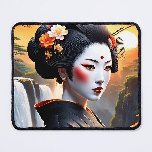 Item preview, Beautiful Japanese geisha in black and red, red lips, kimono, traditional red eye make up,cherry blossom, sakura, hanami designed and sold by Coolparrotgirl.