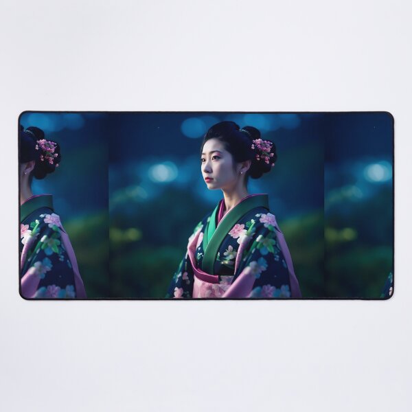 Item preview, Beautiful Japanese geisha in mystic night scene, green silk kimono, traditional red eye make up,cherry blossom, sakura, hanami designed and sold by Coolparrotgirl.