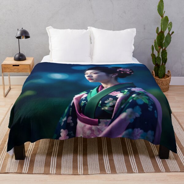 Item preview, Beautiful Japanese geisha in mystic night scene, green silk kimono, traditional red eye make up,cherry blossom, sakura, hanami designed and sold by Coolparrotgirl.