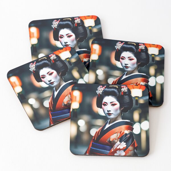 Item preview, Beautiful Japanese geisha in mystic night scene, green silk kimono, traditional red eye make up,cherry blossom, sakura, hanami designed and sold by Coolparrotgirl.