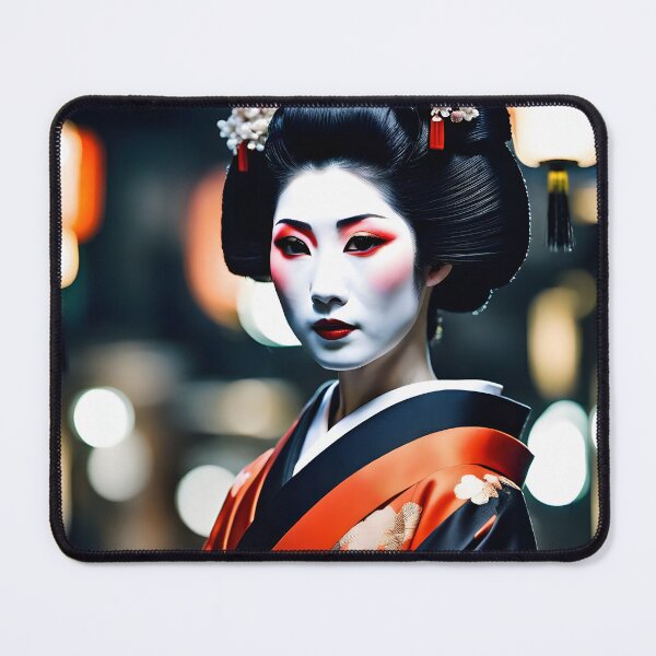 Item preview, Beautiful Japanese geisha in mystic night scene, green silk kimono, traditional red eye make up,cherry blossom, sakura, hanami designed and sold by Coolparrotgirl.