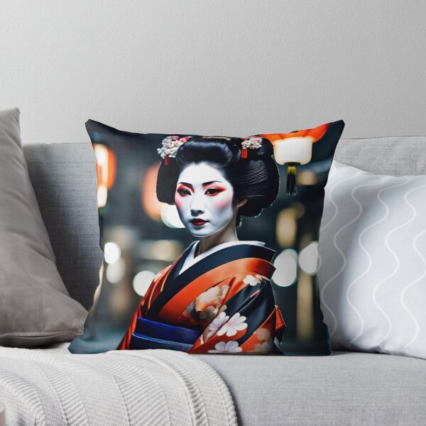 Item preview, Beautiful Japanese geisha in mystic night scene, green silk kimono, traditional red eye make up,cherry blossom, sakura, hanami designed and sold by Coolparrotgirl.