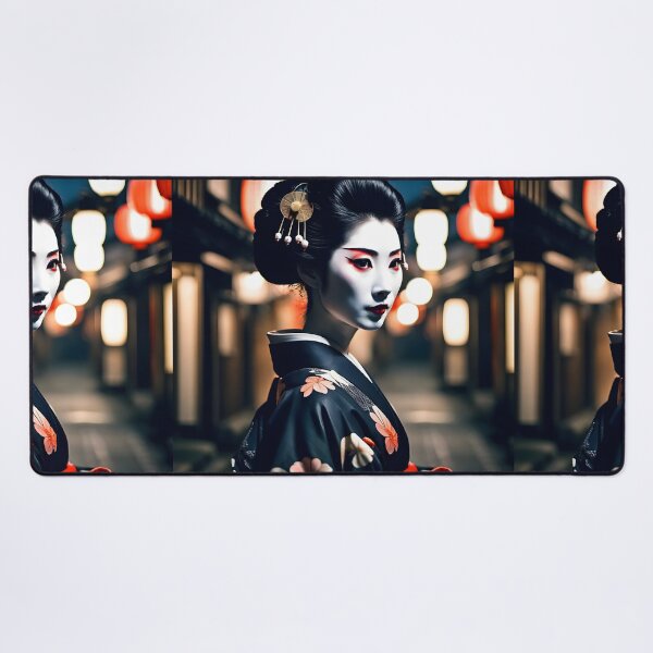 Item preview, Beautiful Japanese geisha in mystic night scene, black silk kimono, traditional red eye make up,cherry blossom, sakura, hanami designed and sold by Coolparrotgirl.