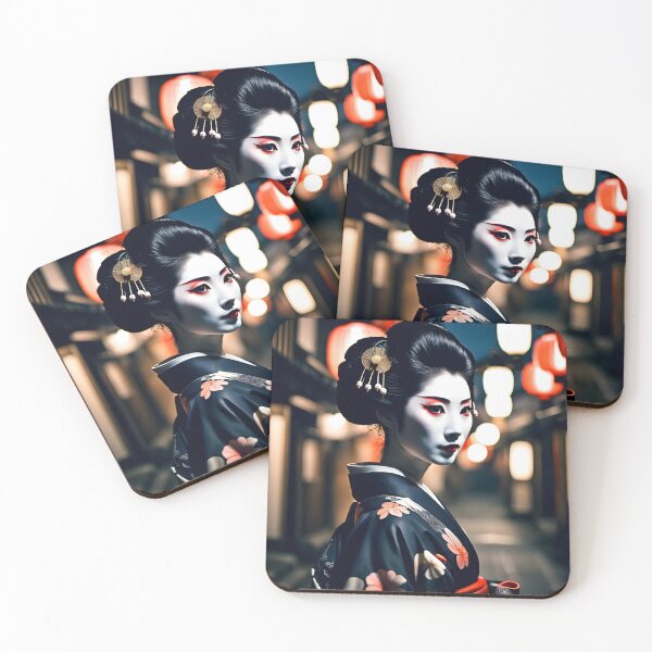 Item preview, Beautiful Japanese geisha in mystic night scene, black silk kimono, traditional red eye make up,cherry blossom, sakura, hanami designed and sold by Coolparrotgirl.