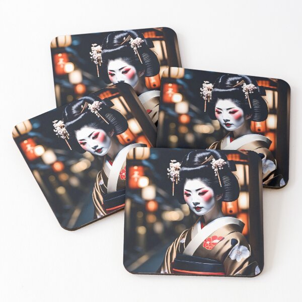 Item preview, Beautiful Japanese geisha in mystic night scene, black silk kimono, traditional red eye make up,cherry blossom, sakura, hanami designed and sold by Coolparrotgirl.