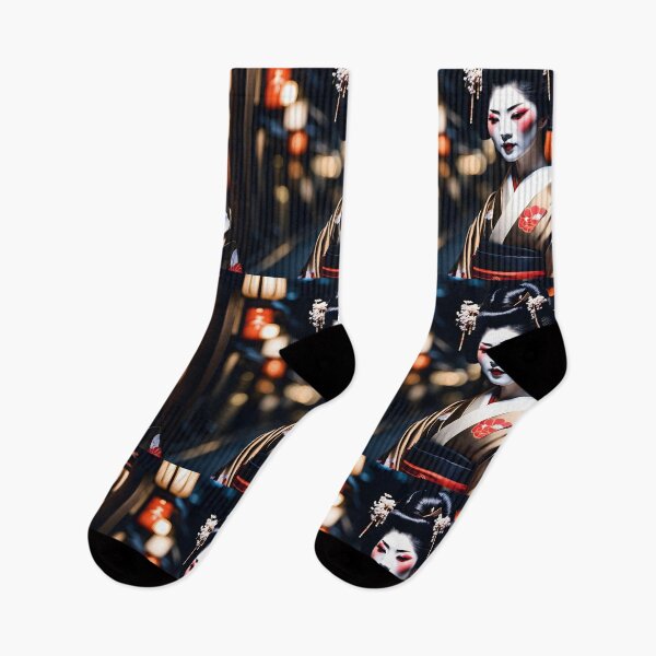 Item preview, Beautiful Japanese geisha in mystic night scene, black silk kimono, traditional red eye make up,cherry blossom, sakura, hanami designed and sold by Coolparrotgirl.