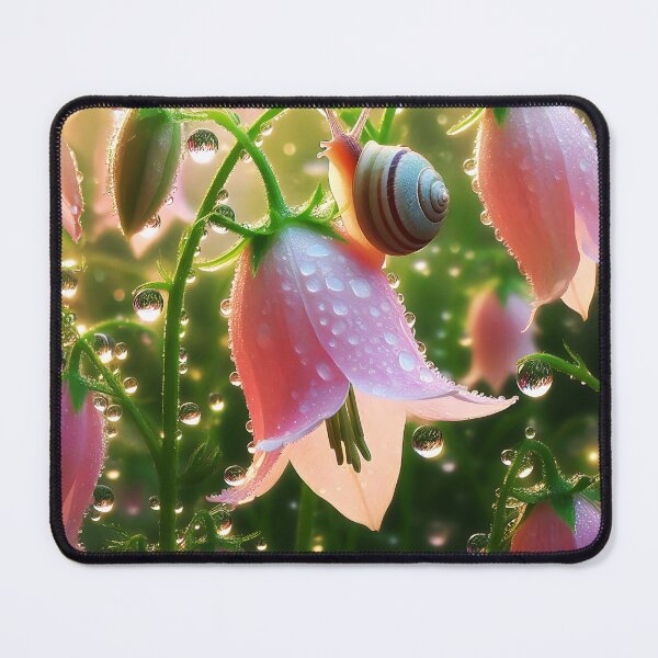 Item preview, Light pink dangling bellfower with dew raindrops after rain with a cute little snail on it aesthetic tealistic digitalart designed and sold by EmeraldeaArt.