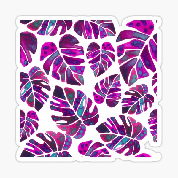 Item preview, A repeating pattern of watercolour pink and purple monstera leaves from the jungle designed and sold by Hillary Holt.