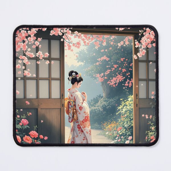 Item preview, Beautiful Japanese geisha in flowers, kimono, traditional red eye make up,cherry blossom, sakura, hanami designed and sold by Coolparrotgirl.