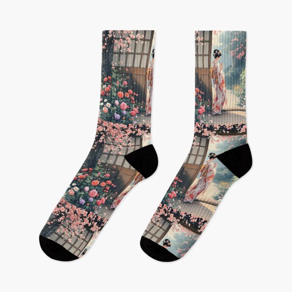 Item preview, Beautiful Japanese geisha in flowers,  kimono, traditional red eye make up,cherry blossom, sakura, hanami designed and sold by Coolparrotgirl.