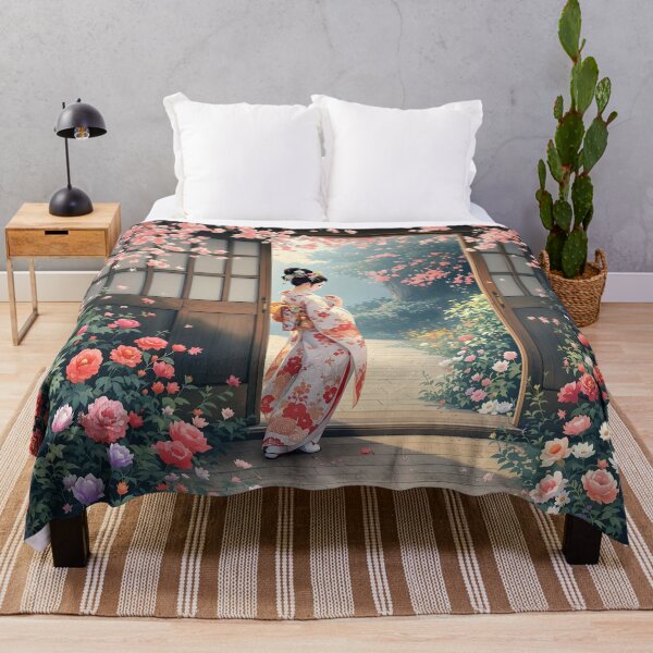 Item preview, Beautiful Japanese geisha in flowers,  kimono, traditional red eye make up,cherry blossom, sakura, hanami designed and sold by Coolparrotgirl.