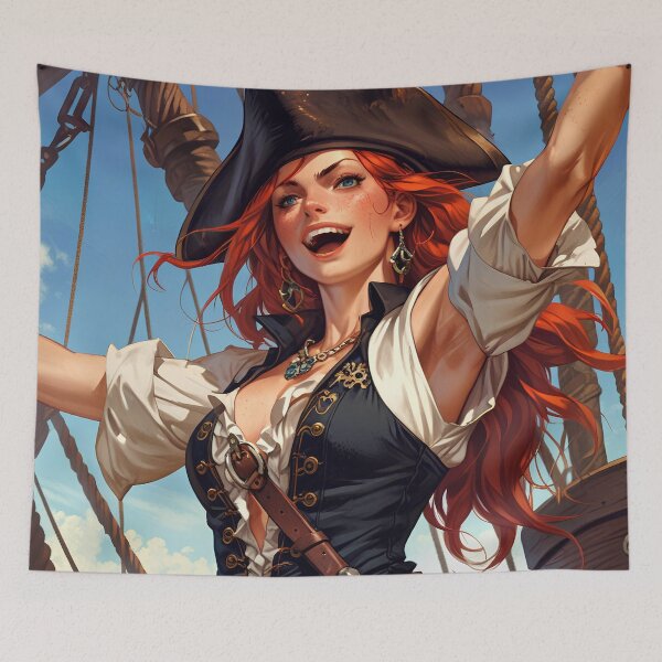 Item preview,  Beautiful strong Red Haired Pirate Queen illustration  designed and sold by Vintage Designs +.