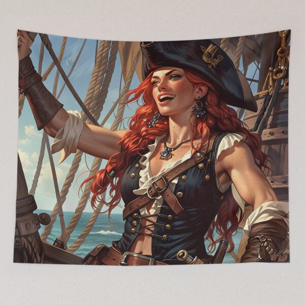 Item preview,  Beautiful strong Red Haired Pirate Queen illustration  designed and sold by Vintage Designs +.