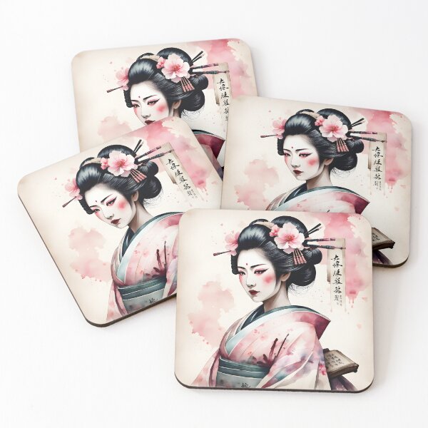 Item preview, Beautiful Japanese geisha in flowers,  kimono, pink watercolour style designed and sold by Coolparrotgirl.