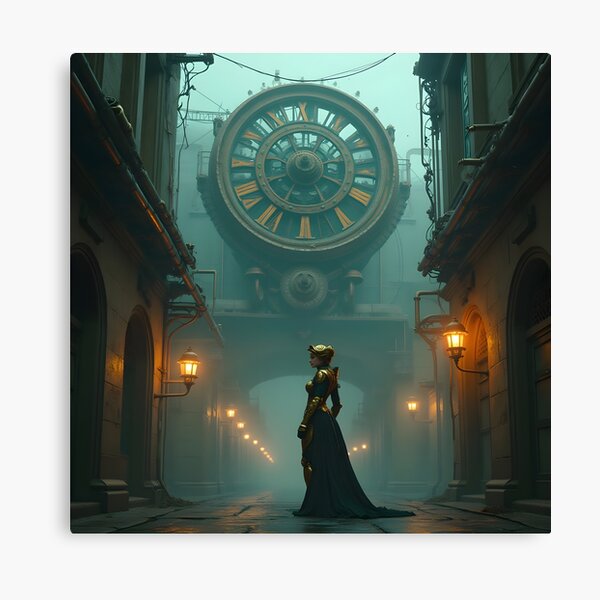 Item preview, Victorian Steampunk woman in a futuristic city with time looming large designed and sold by vividcrucibledesigns.