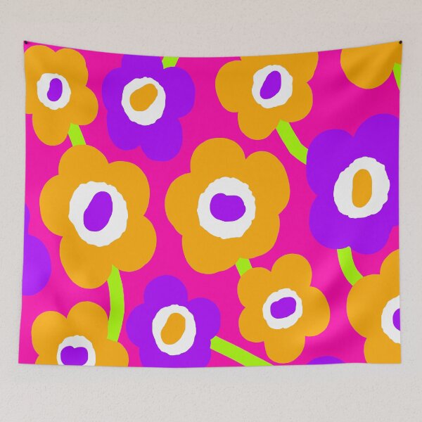 Item preview, Iconic Vivid Retro Flowers in Neon Fuchsia, Orange and Purple designed and sold by Deutschic.