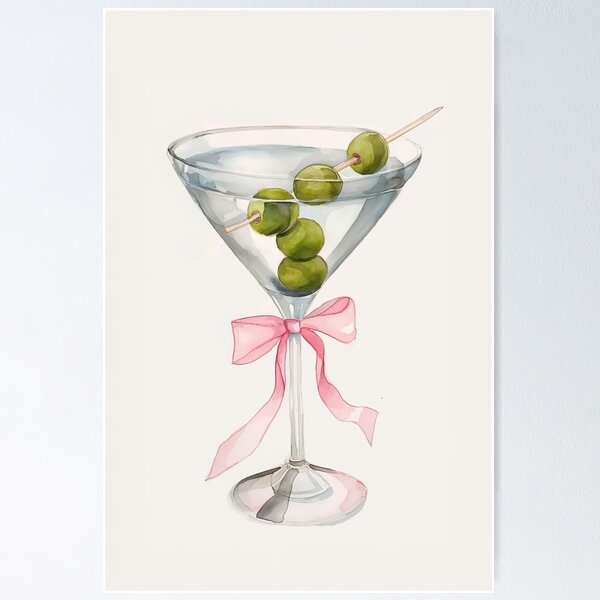 Vista previa del artículo con la obra «Cóctel Dirty Martini con lazo rosa», diseñado y vendido por Nova~Prints.