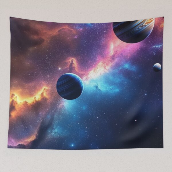 Artikelvorschau, Himmlischer Wandteppich: Ein kosmischer Ausblick auf Planeten und Nebel entworfen und verkauft von eXtraHumans.