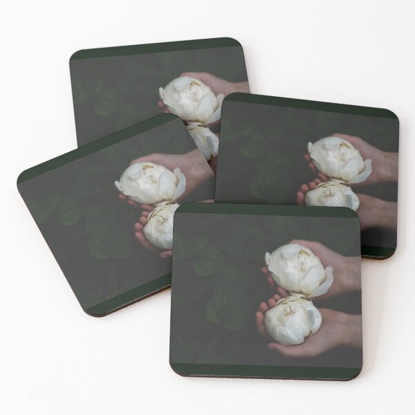 Item preview, Dark cottagecore art white heirloom roses held by hand over gothic dark green leaves designed and sold by Monica Laipple.