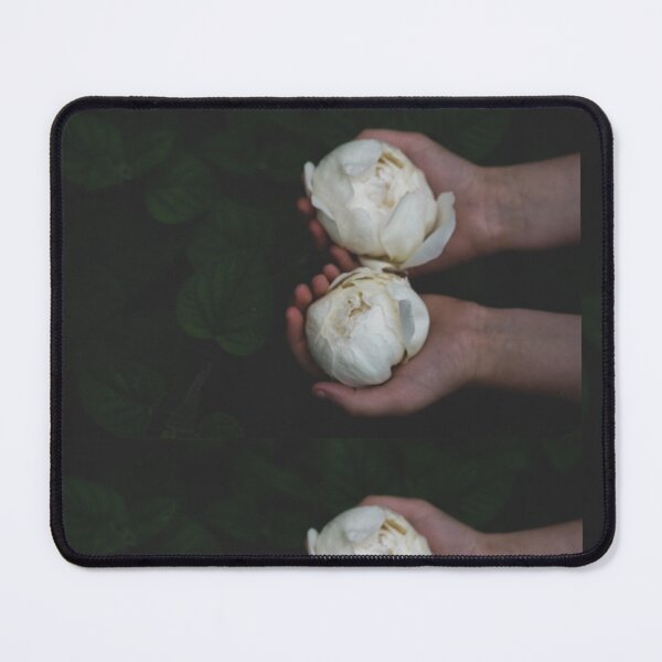Item preview, Dark cottagecore art white heirloom roses held by hand over gothic dark green leaves designed and sold by Monica Laipple.