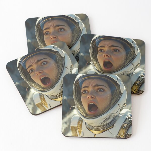 Item preview, A person in an astronaut suit looks up with a startled expression, set against a rocky, desolate background. designed and sold by anytka.