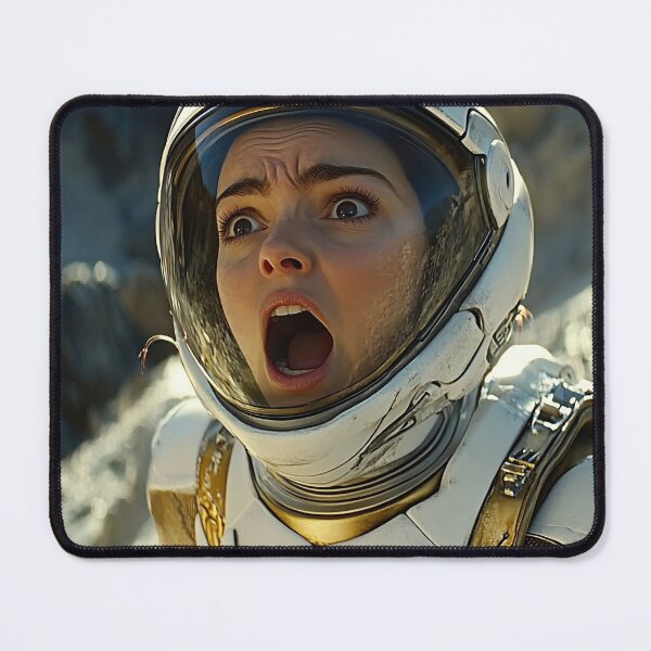 Item preview, A person in an astronaut suit looks up with a startled expression, set against a rocky, desolate background. designed and sold by anytka.